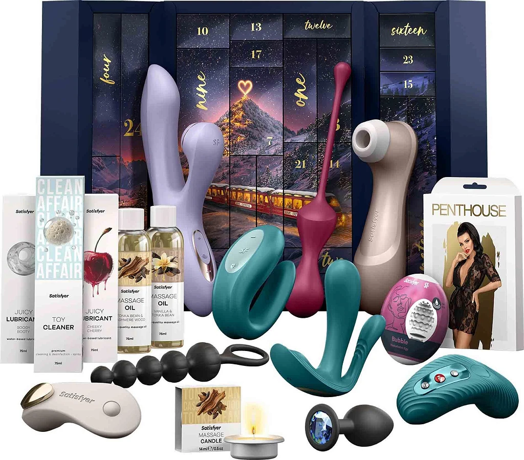 Kalendarz adwentowy Satisfyer Premium 2026 z zawartością: Pro 2, Pro+ G-Spot, Double Joy, LAYA III, bielizna i kosmetyki