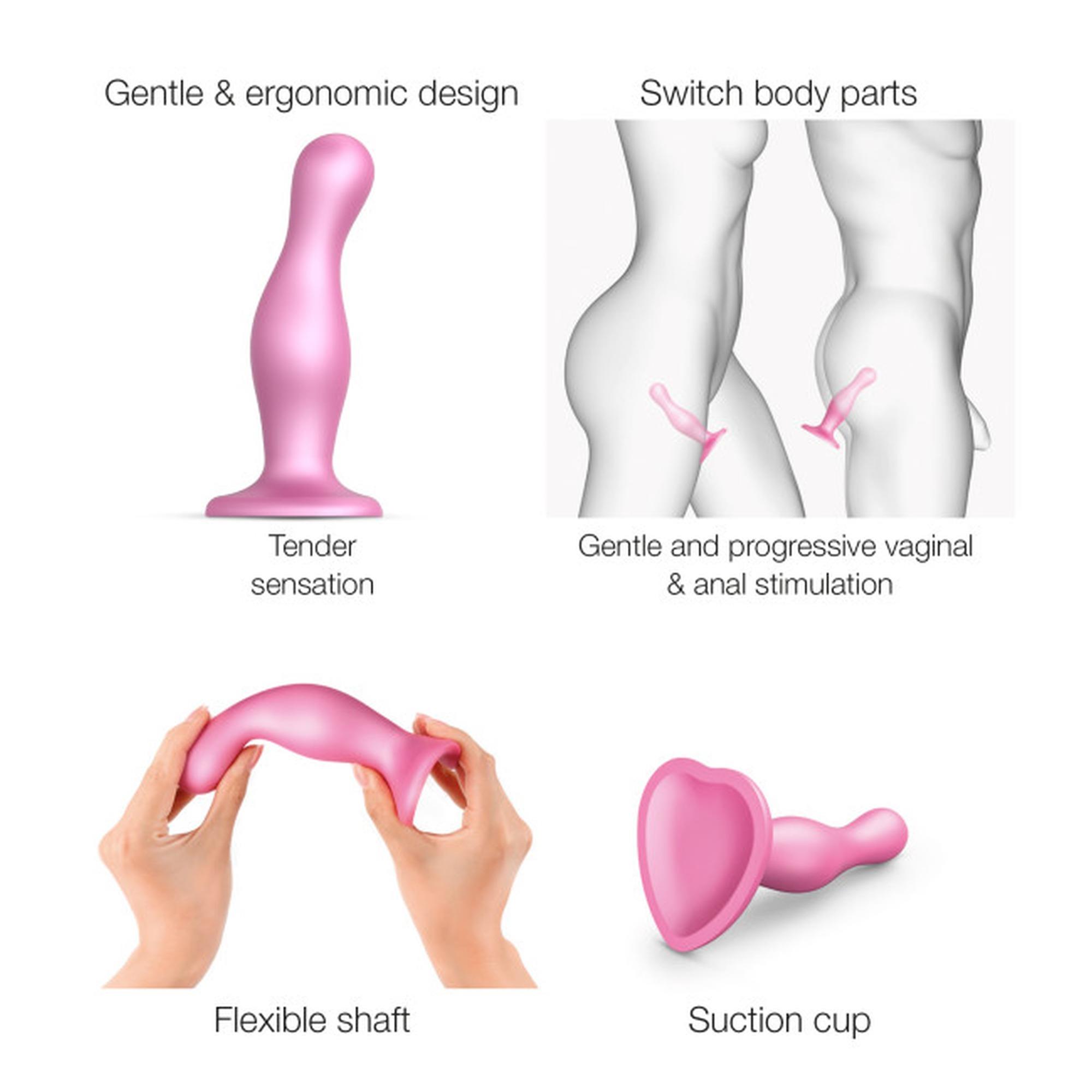 Dildo Plug Curvy S – metaliczny róż, silikon, przyssawka — zdjęcie 5