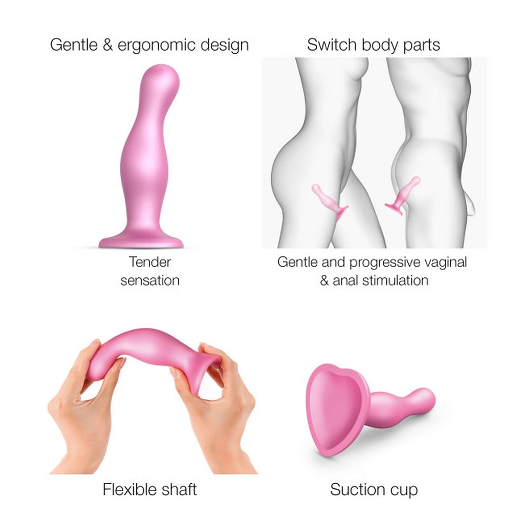 Dildo Plug Curvy S – metaliczny róż, silikon, przyssawka — zdjęcie 5