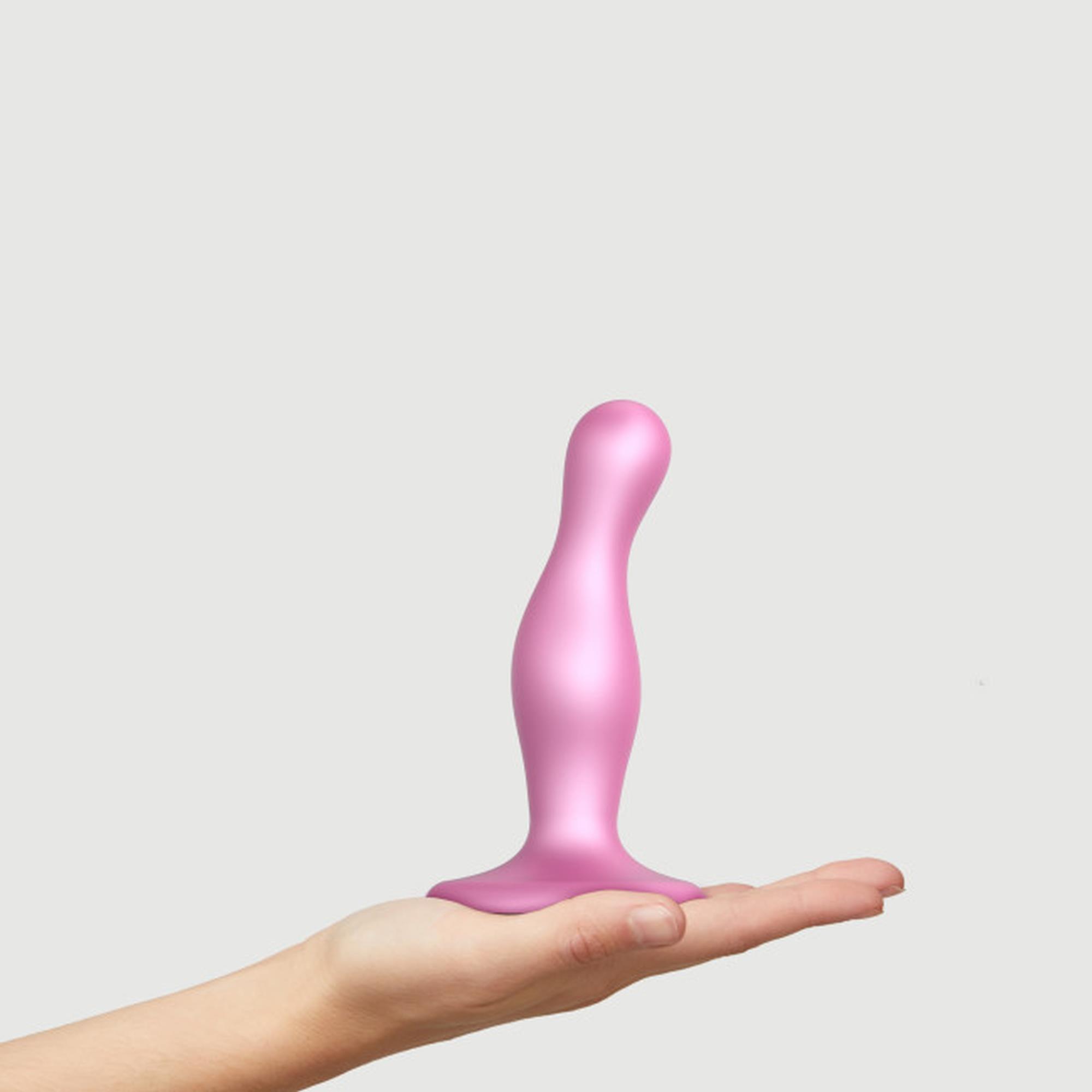 Dildo Plug Curvy S – metaliczny róż, silikon, przyssawka — zdjęcie 6
