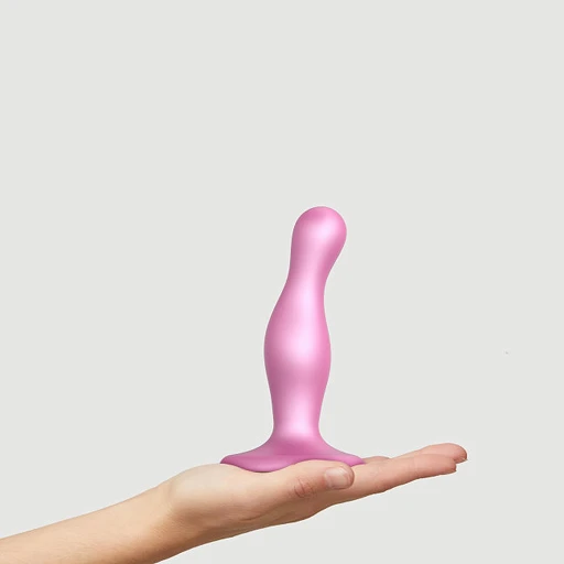 Dildo Plug Curvy S – metaliczny róż, silikon, przyssawka — zdjęcie 6