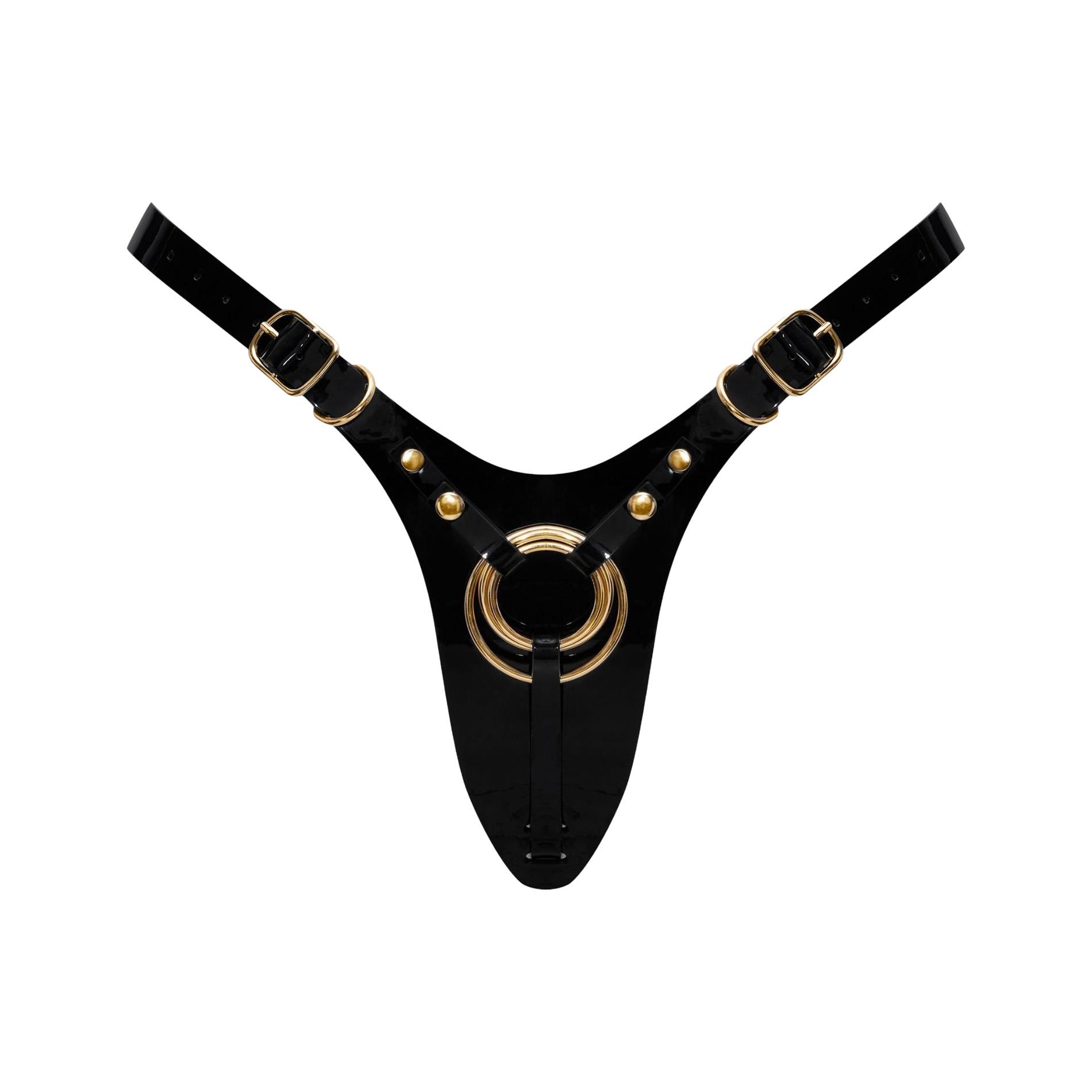 Uprząż strap-on Fabulous – czarny lakier, 3 wymienne pierścienie — zdjęcie 1
