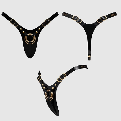 Uprząż strap-on Fabulous – czarny lakier, 3 wymienne pierścienie — zdjęcie 6