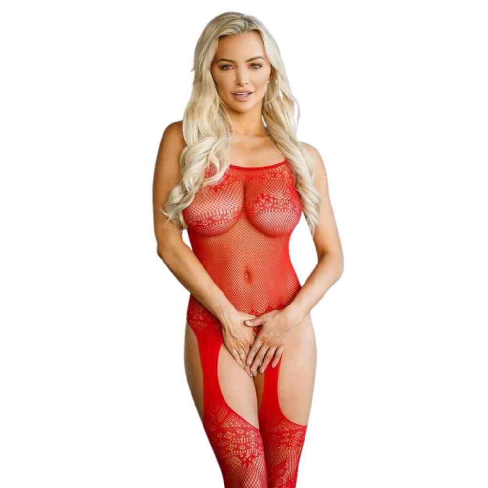 Bodystocking Noir Temptation – czerwony, siateczkowy, One Size — zdjęcie 1