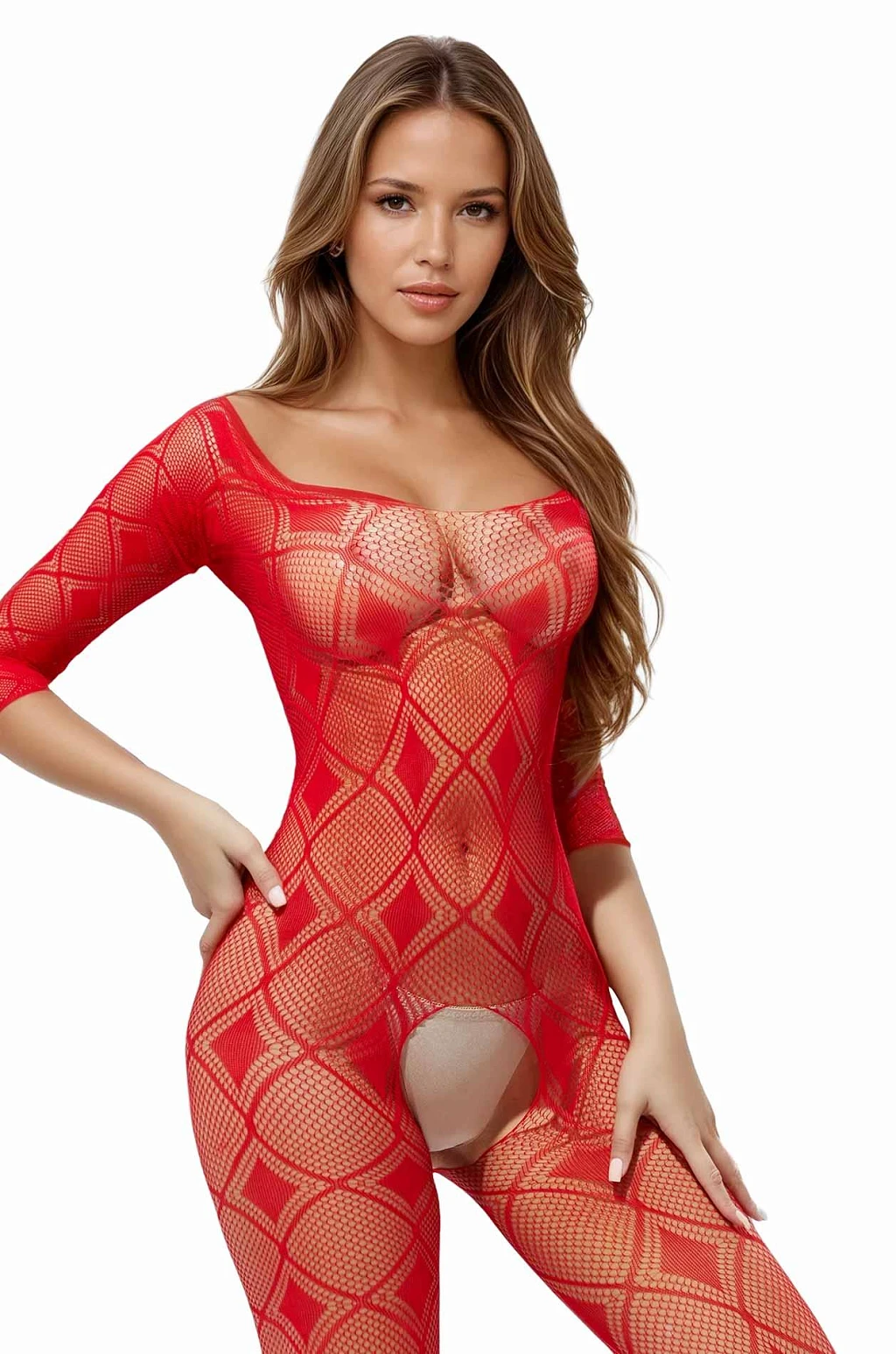 Bodystocking 2037 - czerwony siateczkowy OneSize — zdjęcie 6