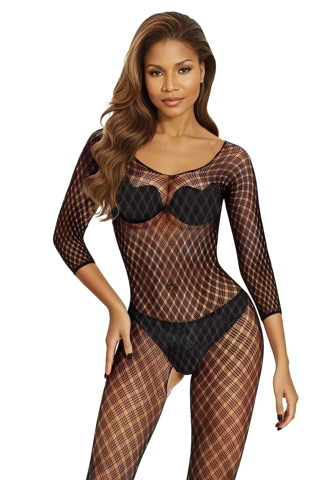 Bodystocking 2048 - czarny z wzorem rombów OneSize — zdjęcie 6