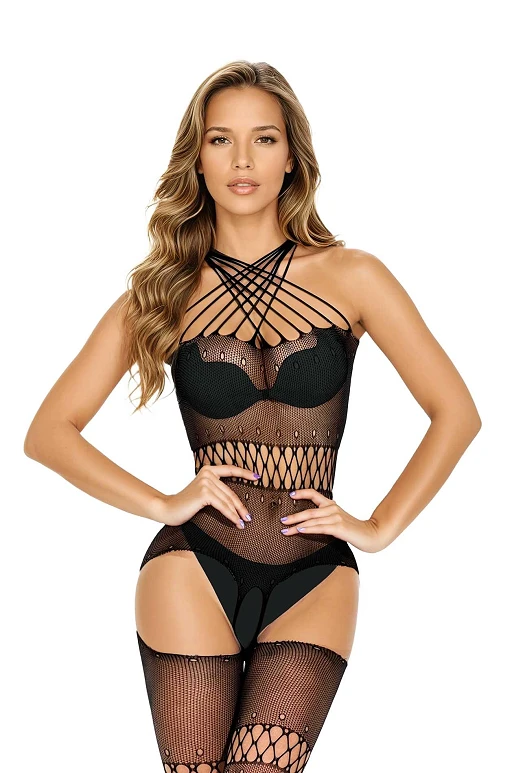 Bodystocking 2062 – czarne, siateczkowe, wycięcia w biodrach, One Size — zdjęcie 6