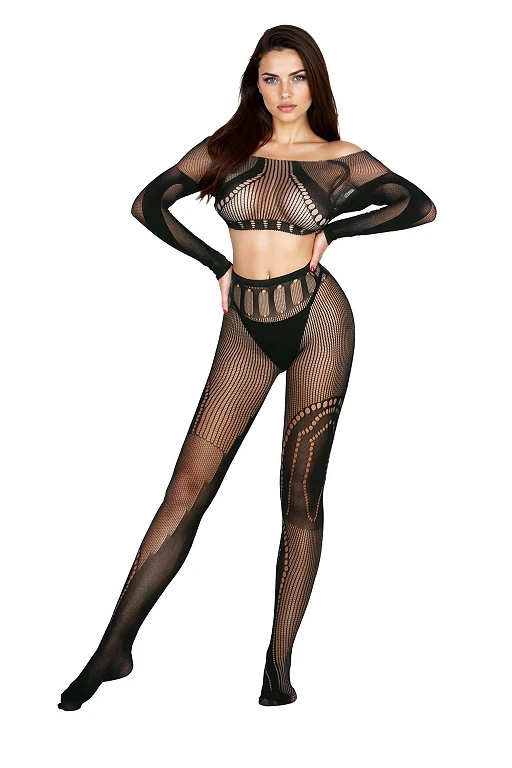 Bodystocking 2071 – czarne, siateczkowe, komplet 2‑częściowy, One Size