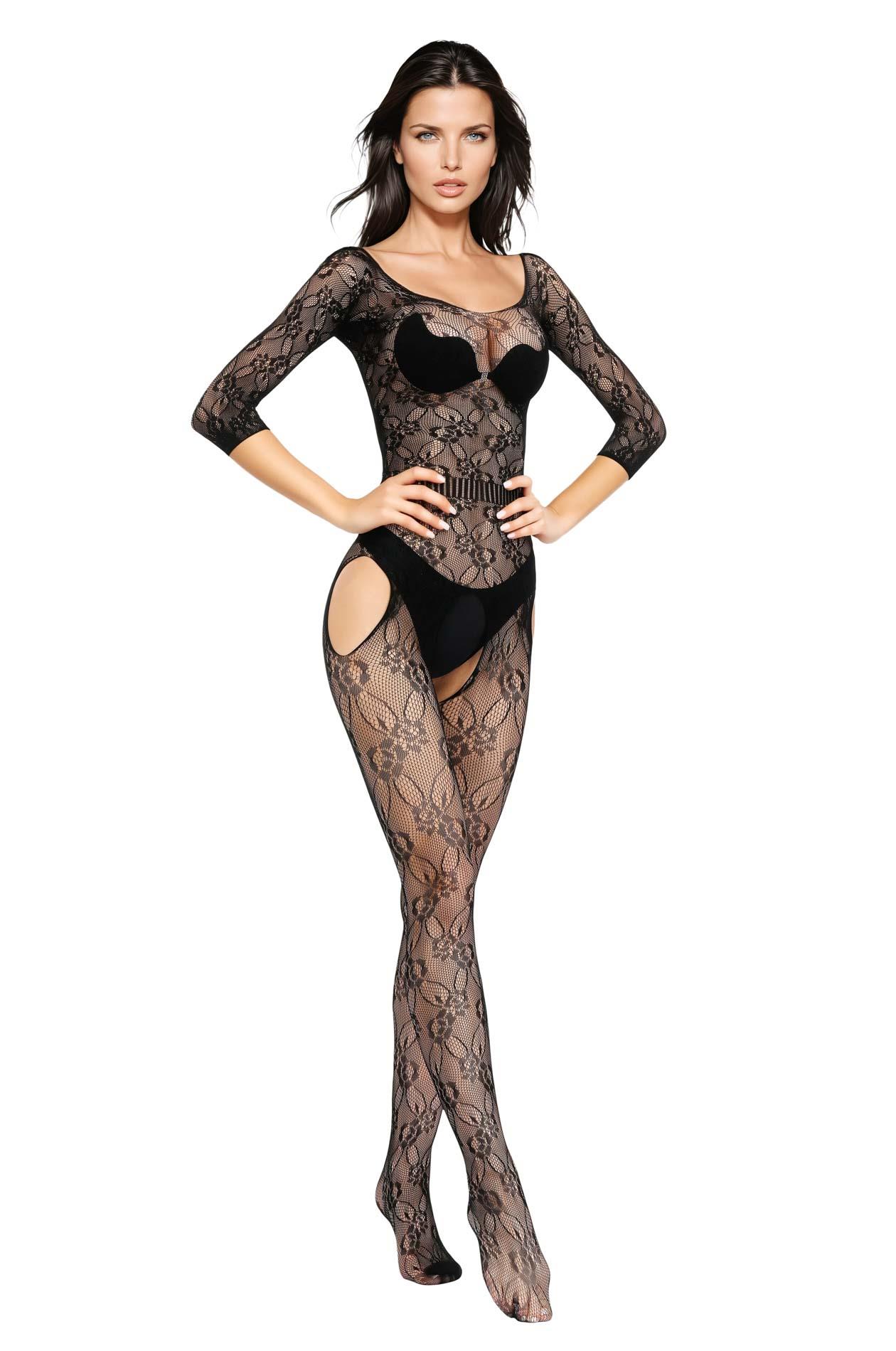 Bodystocking – czarne, siateczkowe z kwiatowym wzorem, S/L — zdjęcie 1