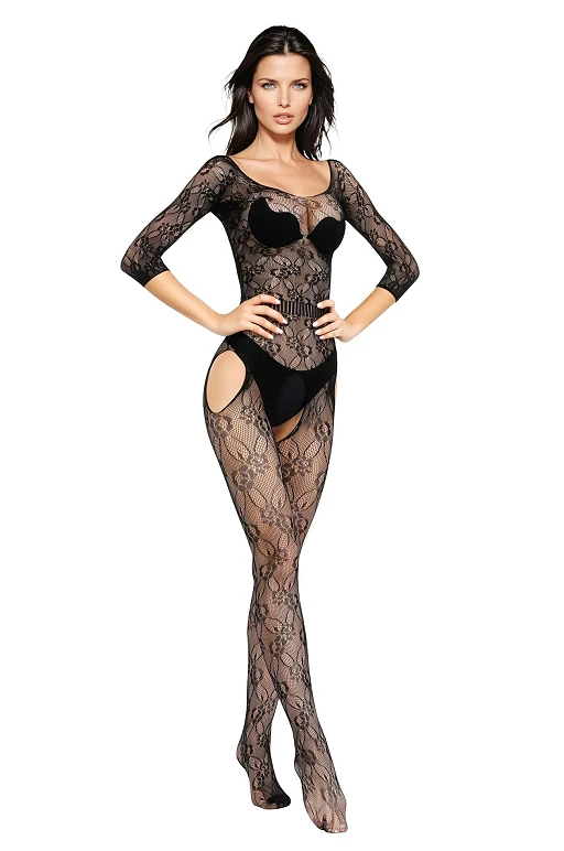 Bodystocking – czarne, siateczkowe z kwiatowym wzorem, S/L