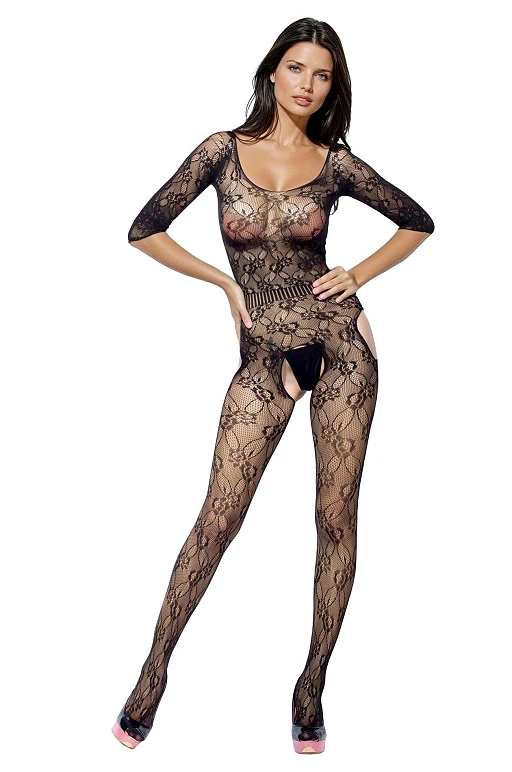 Bodystocking – czarne, siateczkowe z kwiatowym wzorem, S/L — zdjęcie 5