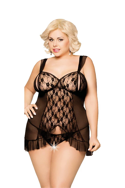 Koszulka babydoll Bianca – czarna, koronka i siateczka, XL