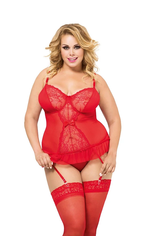 Gorset Dafne – czerwony, siateczkowy z koronką, XL