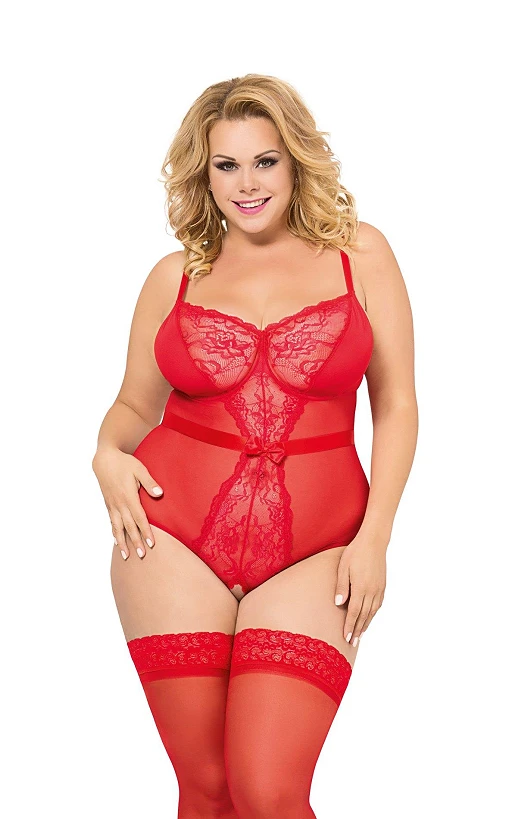 Body – czerwone, siateczkowo-koronkowe, z wycięciem, 2XL