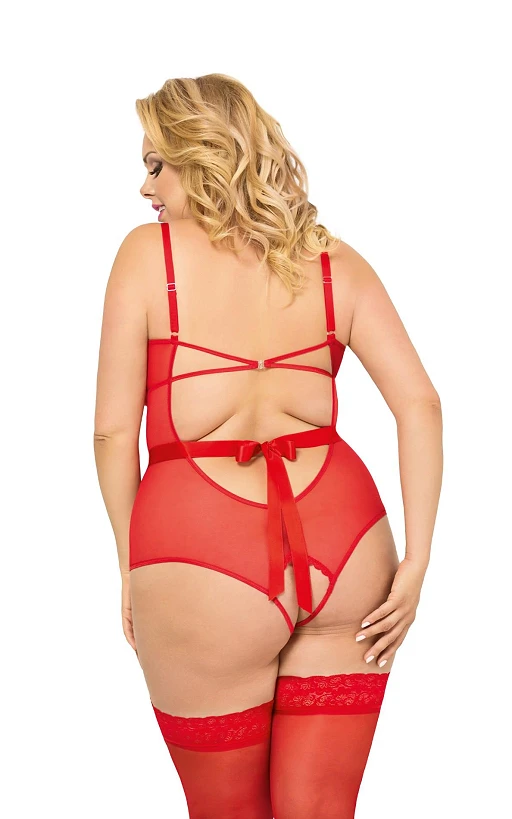 Body – czerwone, siateczkowo-koronkowe, z wycięciem, 2XL — zdjęcie 2