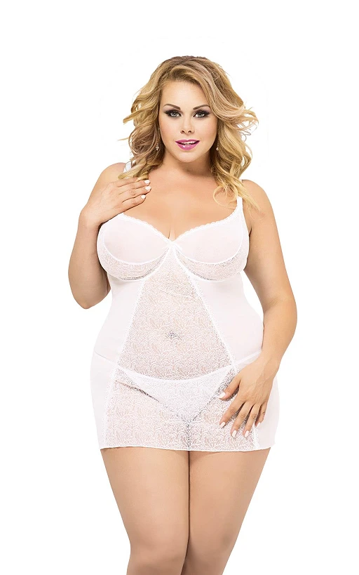 Koszulka babydoll Laura – biała, koronka i siateczka, XL