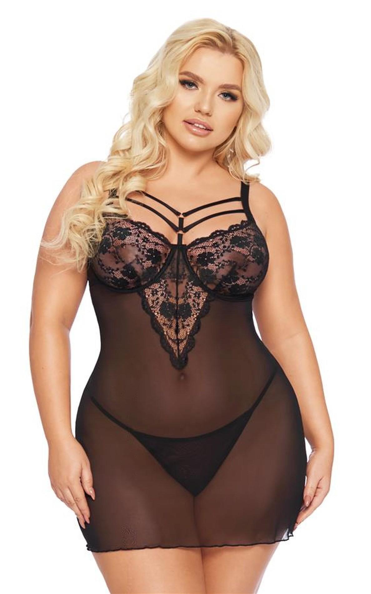 Koszulka babydoll – czarna, koronkowe wstawki, 3XL — zdjęcie 2