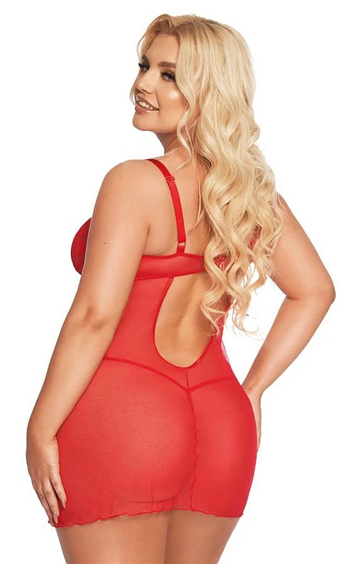 Koszulka babydoll Aldona – czerwona, koronka i paseczki, 2XL