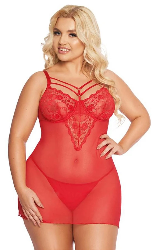 Koszulka babydoll Aldona – czerwona, koronka i paseczki, 2XL — zdjęcie 2