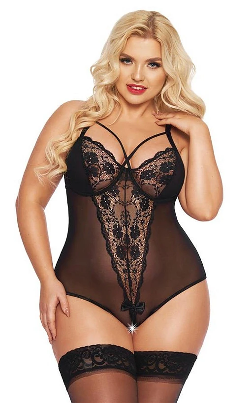 Body – czarne, siateczkowe z koronką, 2XL — zdjęcie 2