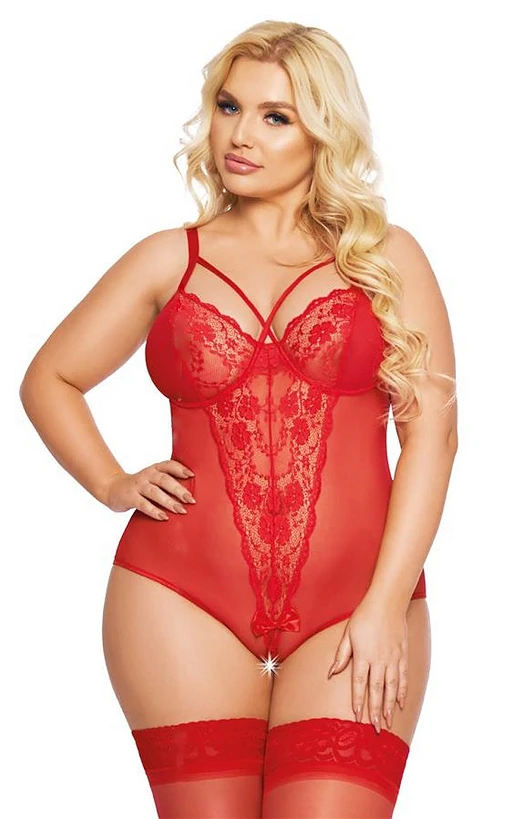 Body – czerwone, koronkowe, paseczki na dekolcie, XL — zdjęcie 2