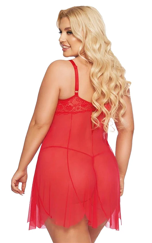 Koszulka babydoll Carla – czerwona, koronka, 3XL