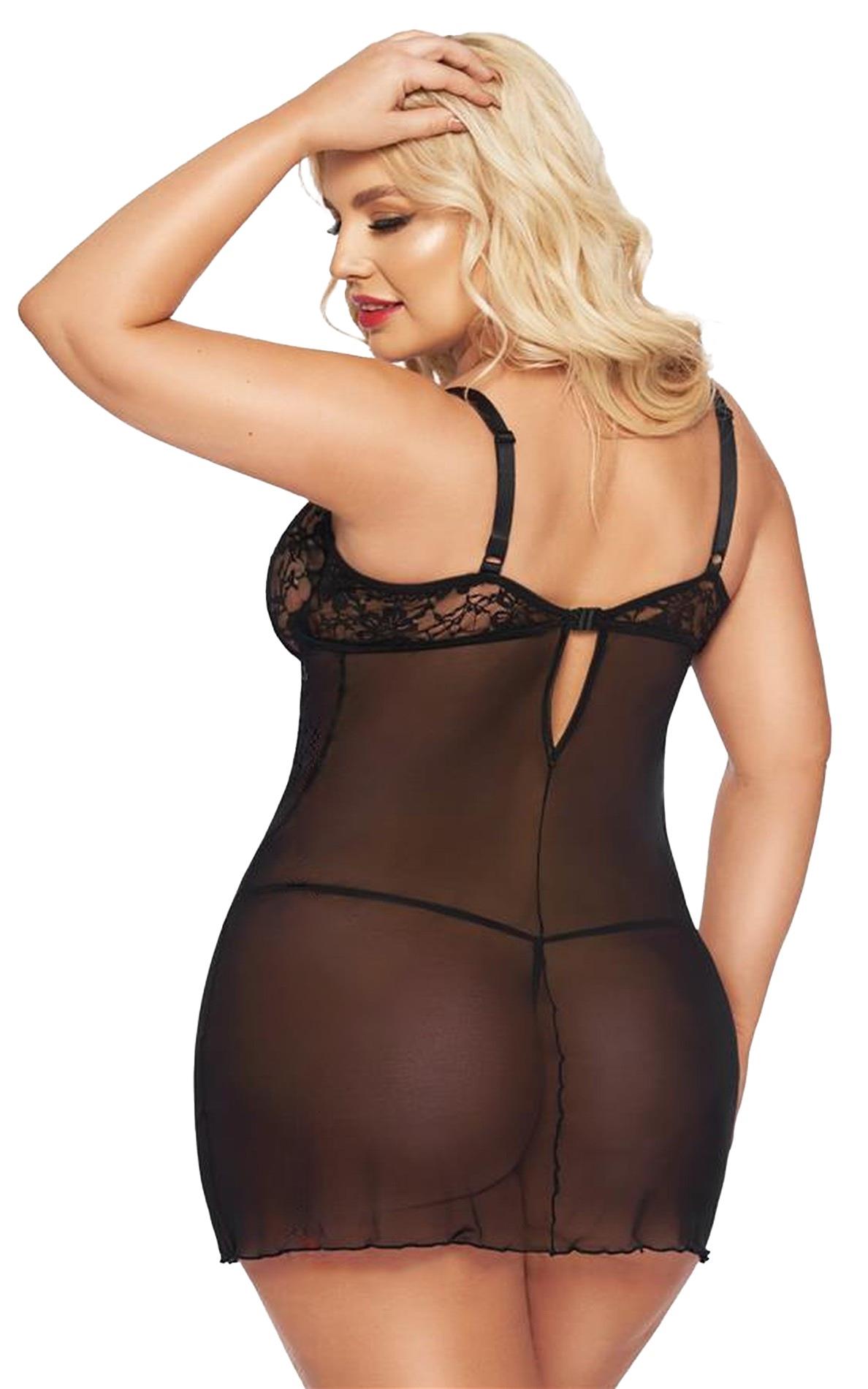 Koszulka babydoll Cornelia – czarna, koronka i paski, 2XL — zdjęcie 1