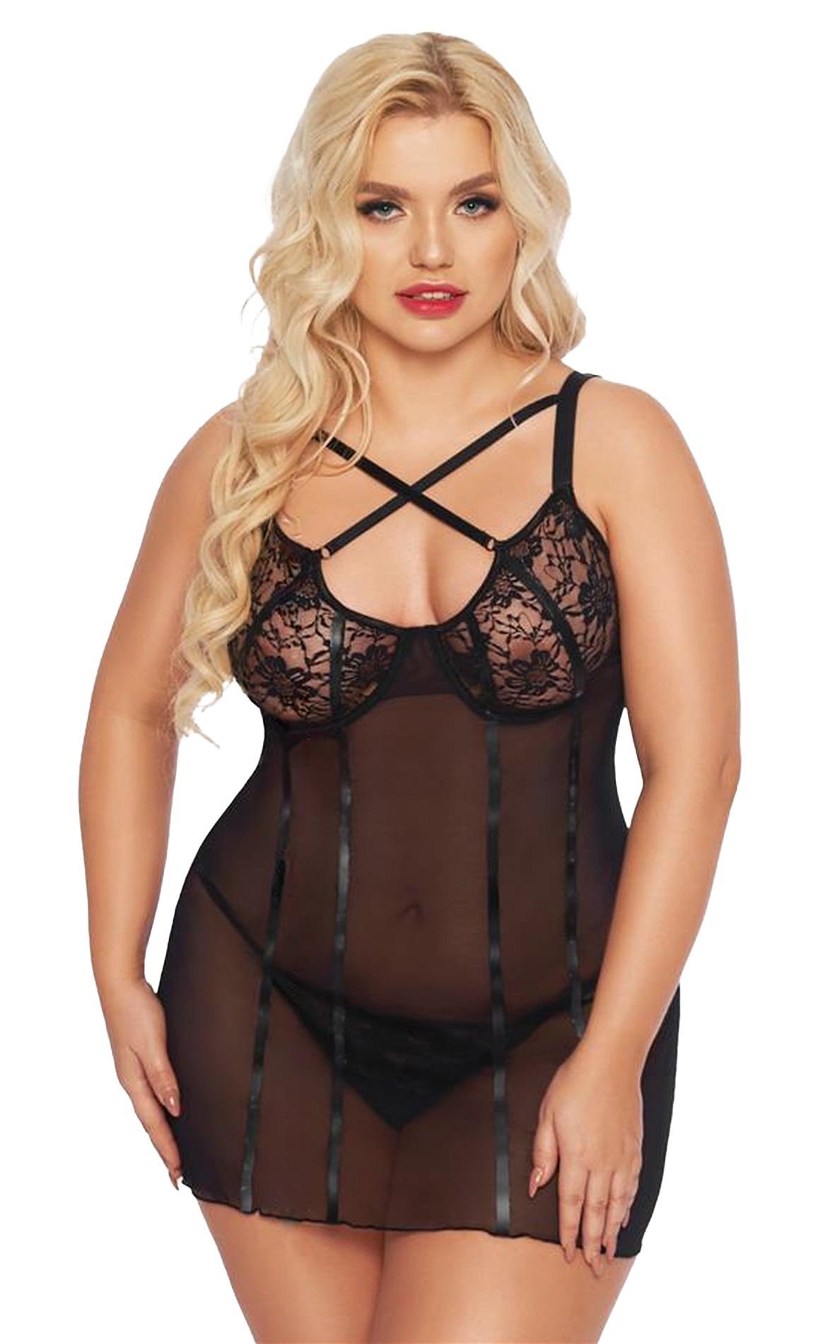 Koszulka babydoll Cornelia – czarna, koronka i paski, 2XL — zdjęcie 2
