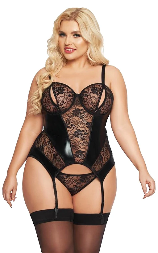 Gorset Jessica – czarny, koronkowy z wet look, 3XL — zdjęcie 2
