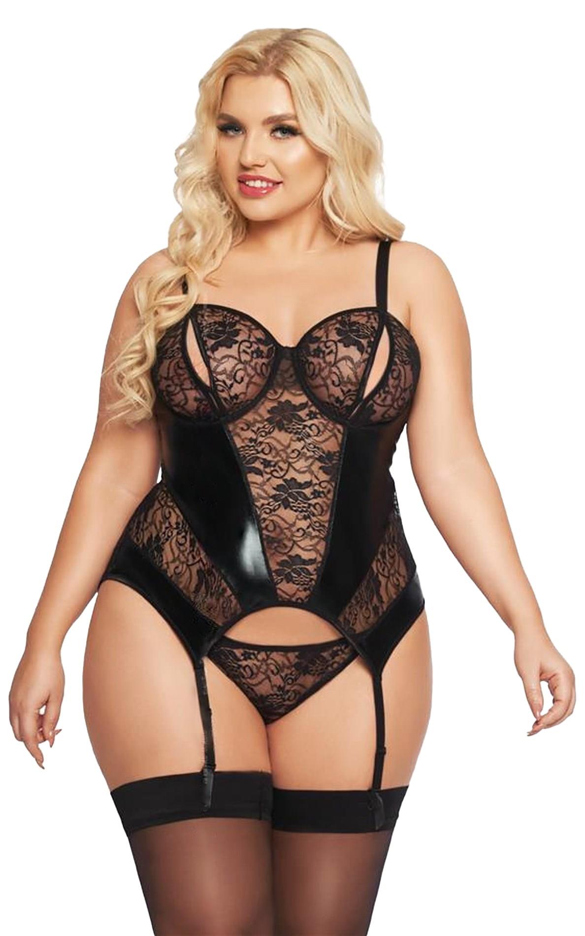 Gorset – czarny, koronkowy z wet look, XL — zdjęcie 2
