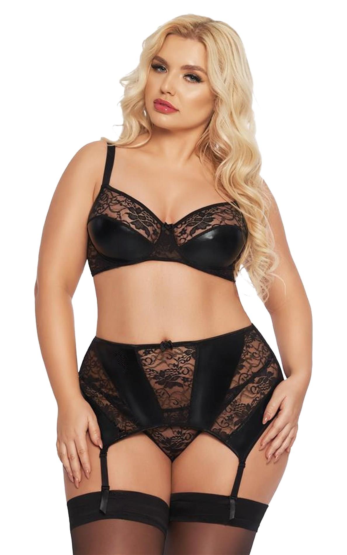 Komplet Joana – czarny, koronka i satynowy połysk, 3XL — zdjęcie 2
