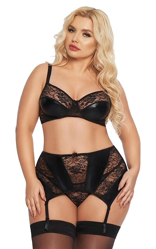 Komplet Joana – czarny, koronka i satynowy połysk, 3XL — zdjęcie 2