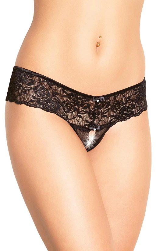 Stringi 2403 – czarne, koronkowe, otwarty krok, M/L