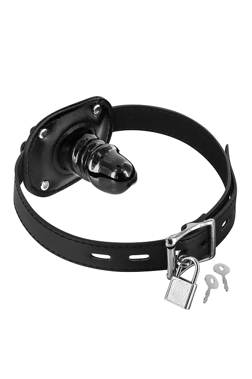 Knebel z mini dildem T1 – czarny, regulowany, z kłódką