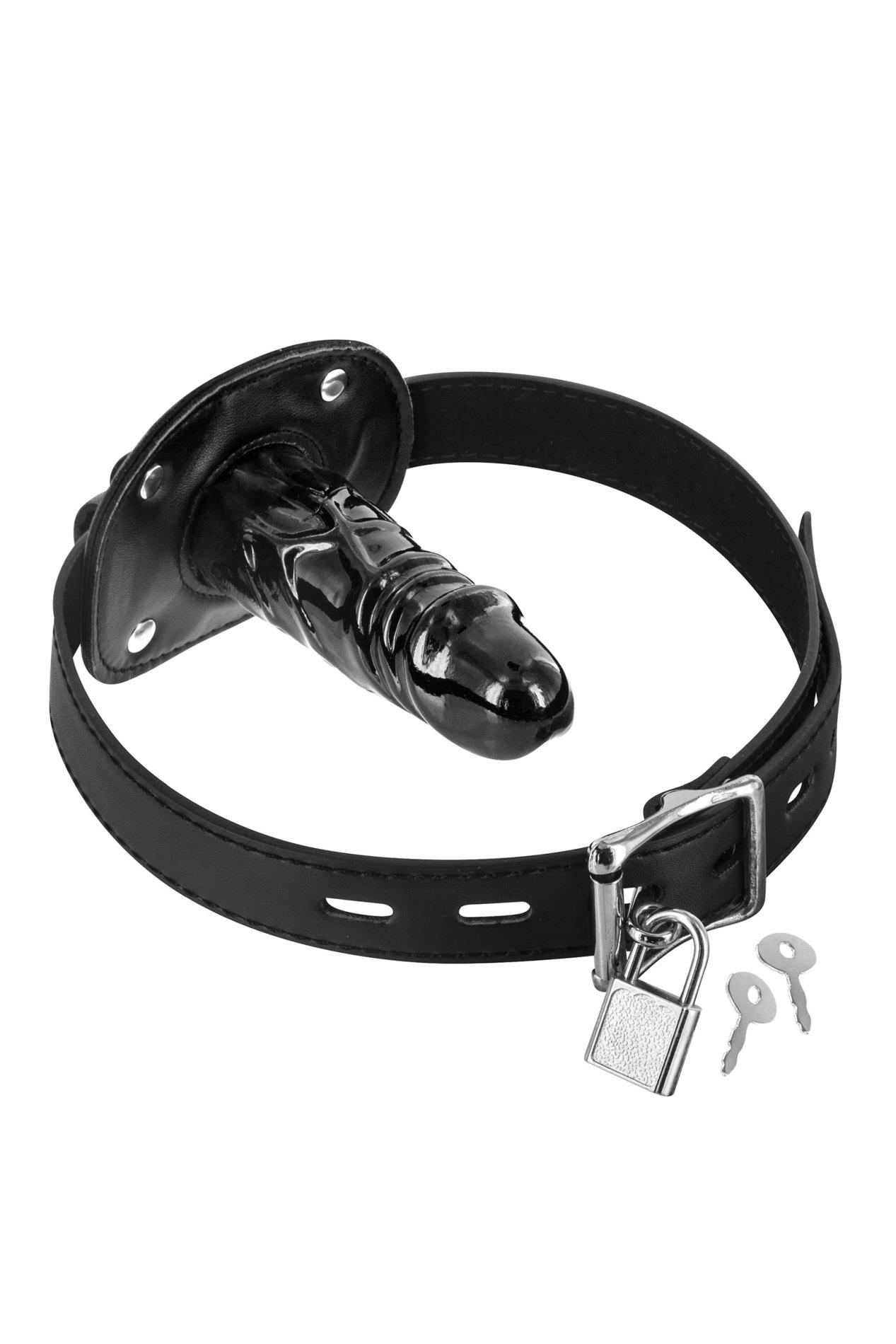 Knebel z wewnętrznym dildo – czarny, z kłódką — zdjęcie 1