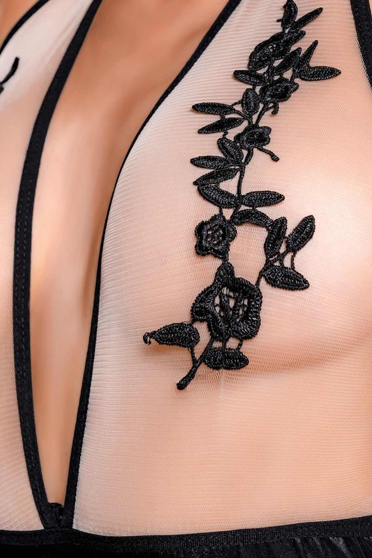 Body – czarne wetlook z beżową siateczką i haftem, M — zdjęcie 4