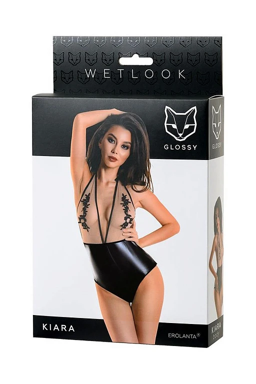 Body – czarne wetlook z beżową siateczką i haftem, M — zdjęcie 5