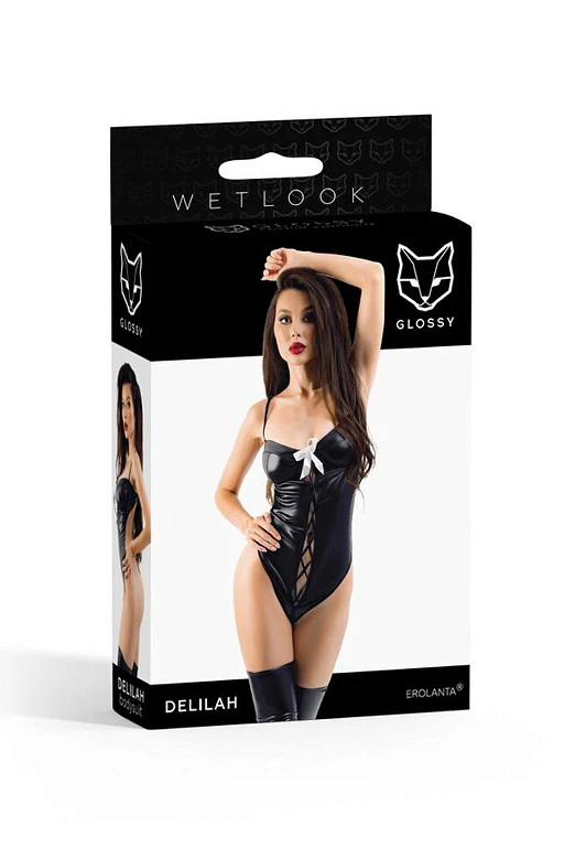 Body wetlook Delilah – czarne, wiązanie z przodu, XL — zdjęcie 5