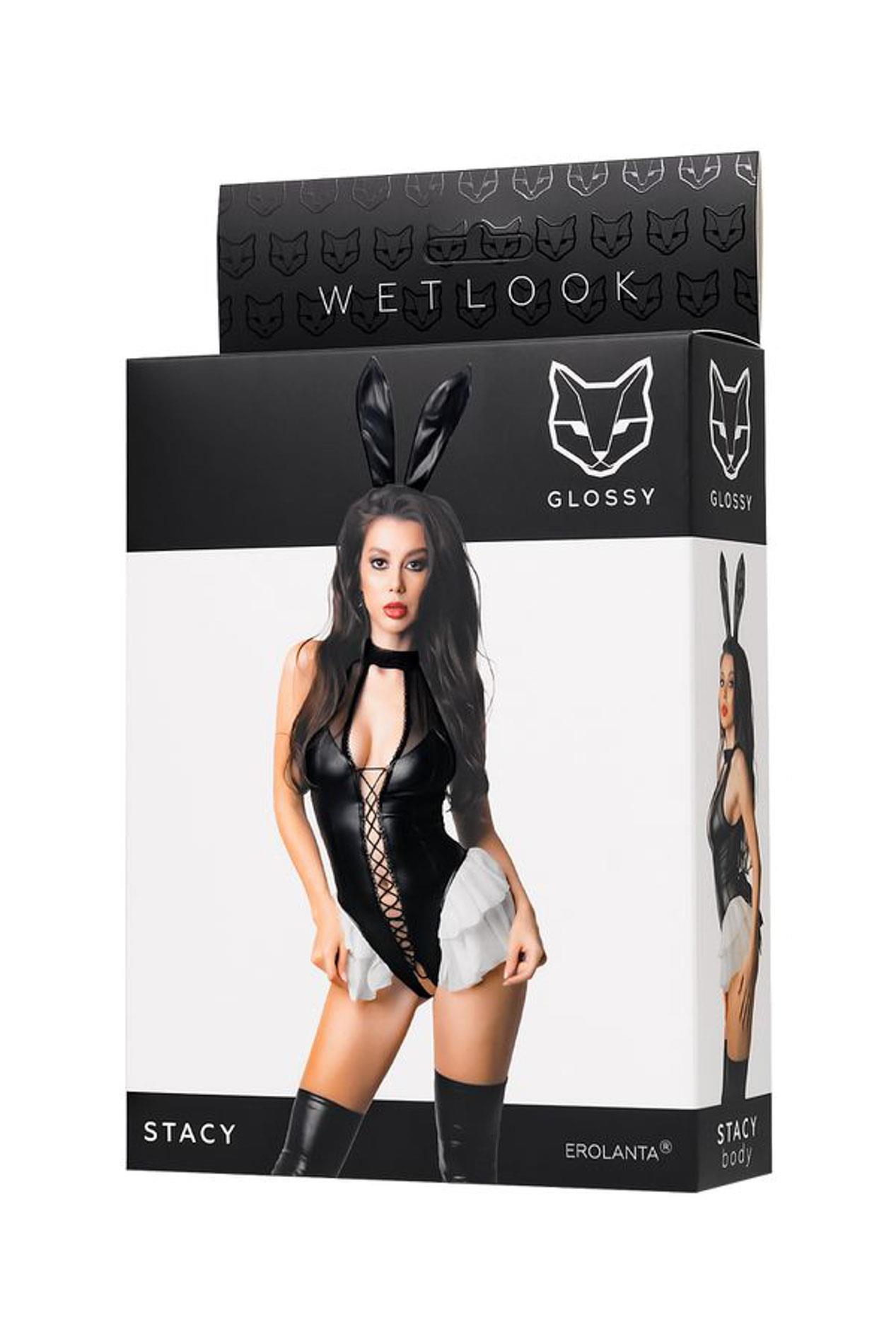 Body – czarne wetlook, sznurowany dekolt, siateczkowe wstawki, XL — zdjęcie 8