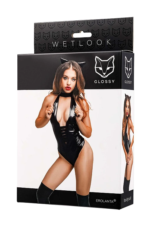 Body wetlook z kocimi uszami – czarne, S — zdjęcie 4