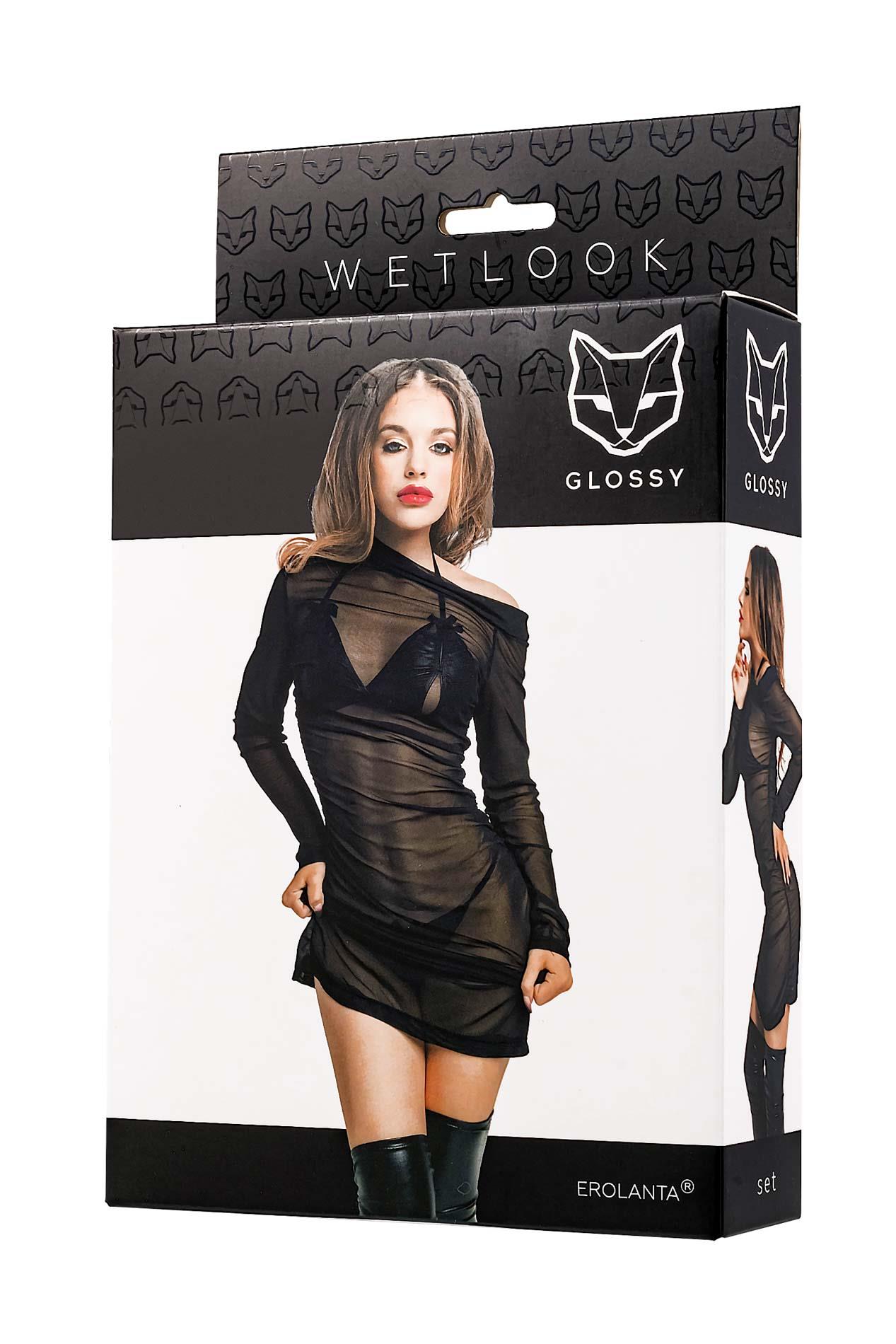 Komplet – wetlook, czarny, sukienka + biustonosz i stringi, S — zdjęcie 4