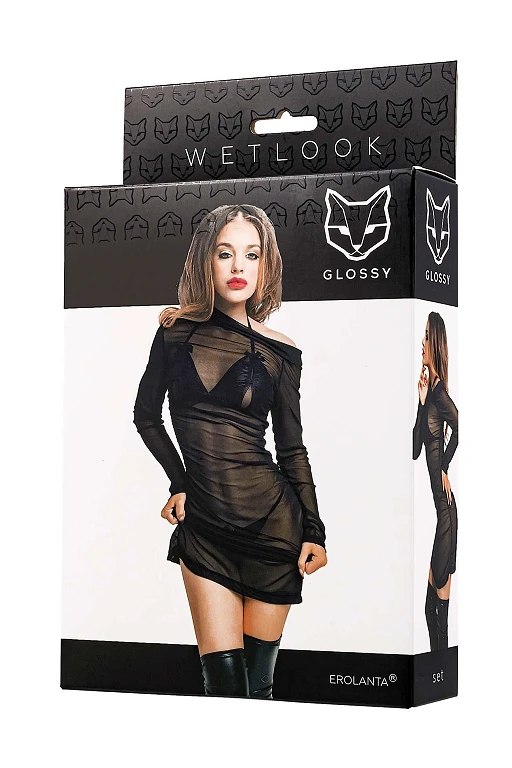 Komplet – wetlook, czarny, sukienka + biustonosz i stringi, S — zdjęcie 4