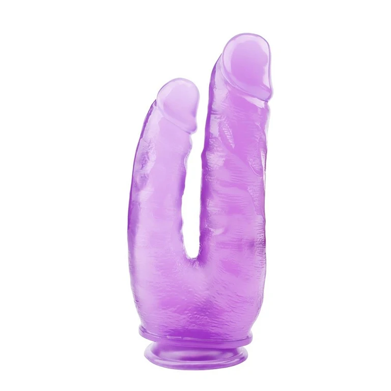 Podwójne dildo 9.4 – fioletowe, elastyczne PVC, przyssawka